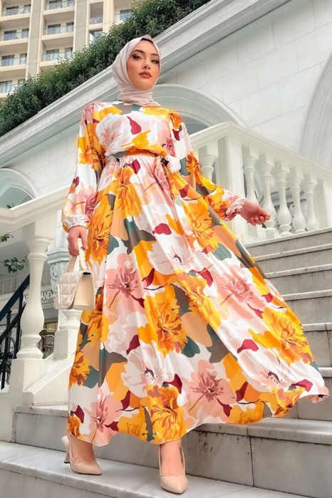 FLOWER PATTERNED MUSTARD DRESS