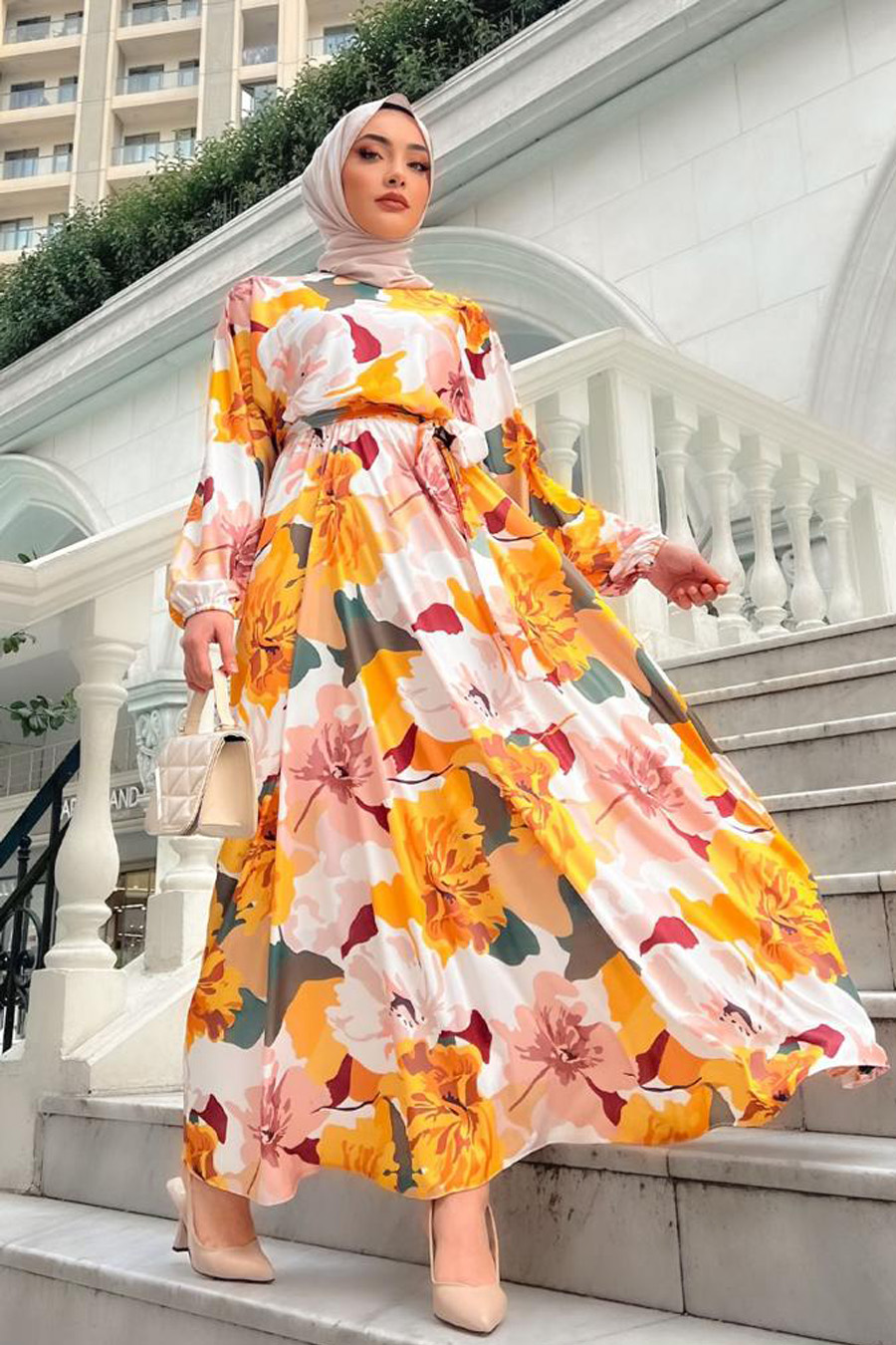 FLOWER PATTERNED MUSTARD DRESS