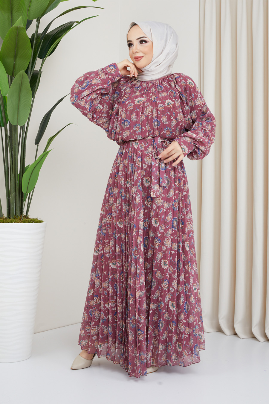 FLOWER PATTERNED ROSE COLOR DRESS