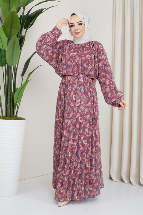 FLOWER PATTERNED ROSE COLOR DRESS