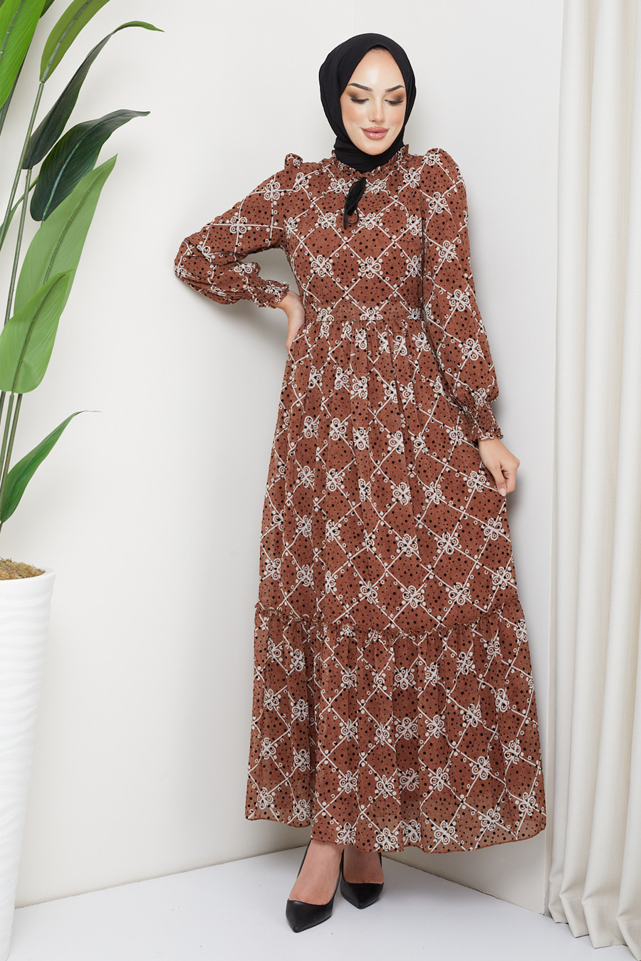PATTERNED DRESS- TAN COLOR 
