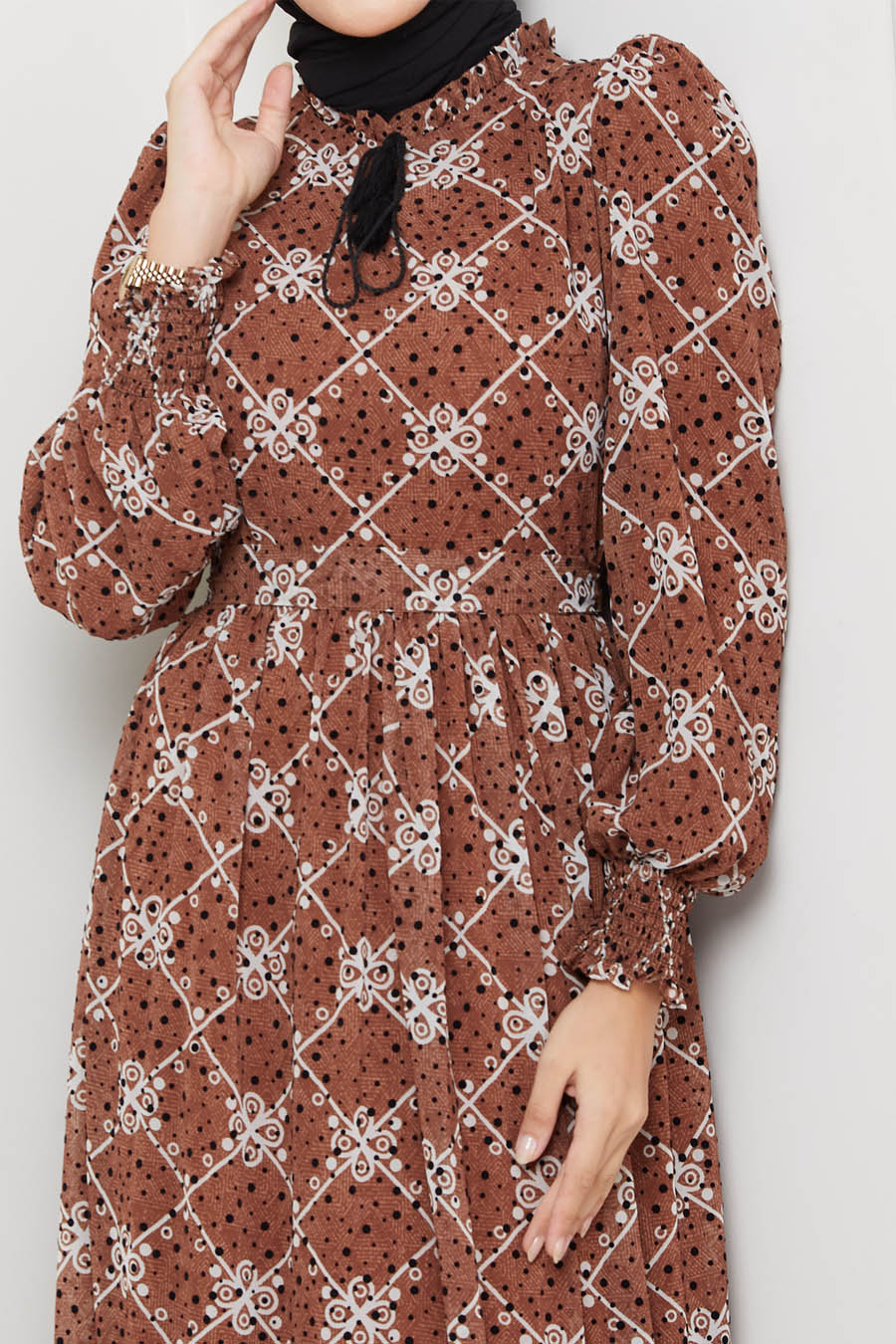 PATTERNED DRESS- TAN COLOR 