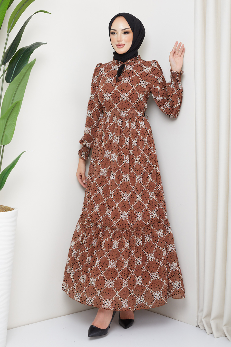 PATTERNED DRESS- TAN COLOR 