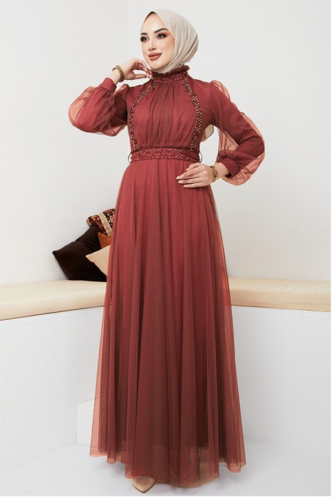 PEARLY DETAILED CLARED RED  EVENING DRESS  