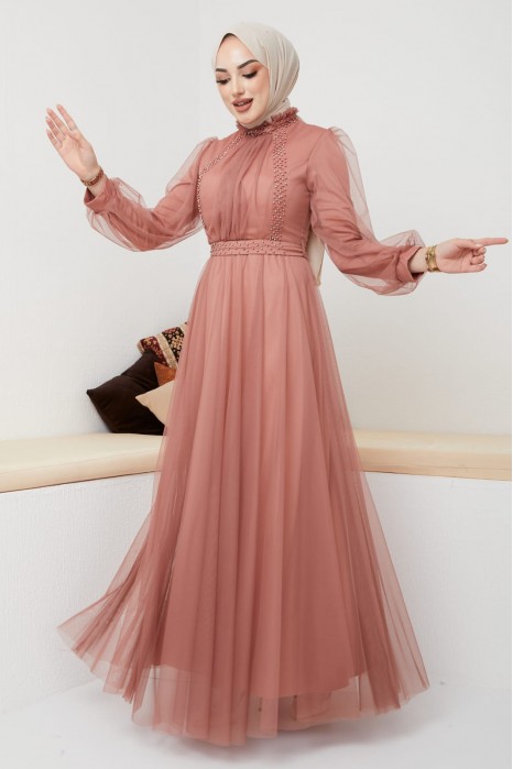 PEARLY DETAILED COPPERTONE COLOR  EVENING DRESS  