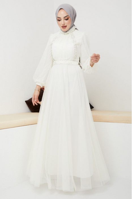 PEARLY DETAILED ECRU   EVENING DRESS  