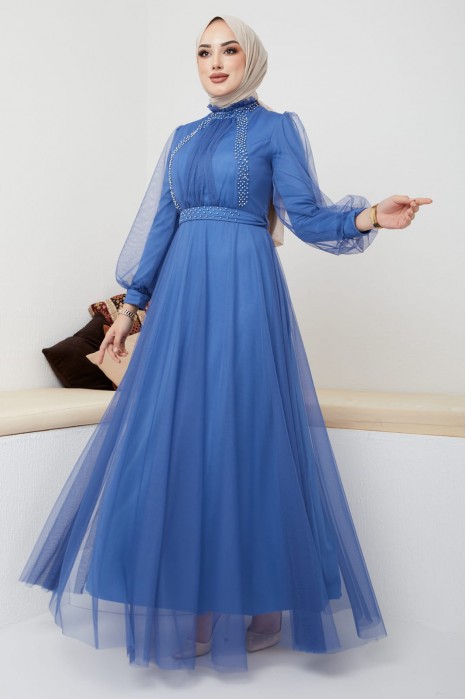 PEARLY DETAILED INDIGO  EVENING DRESS  