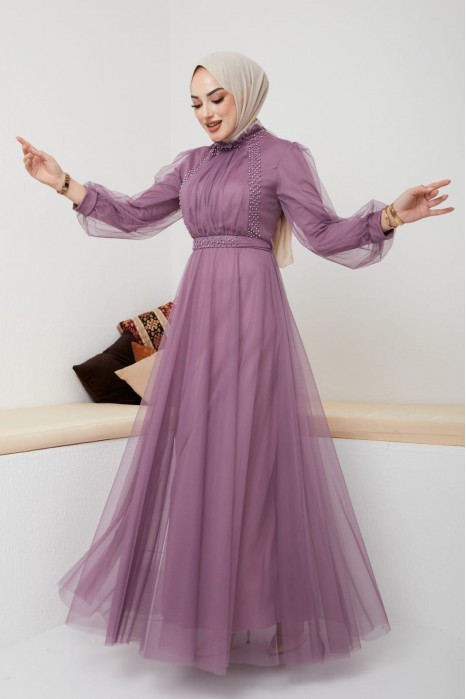 PEARLY DETAILED LILA   EVENING DRESS  