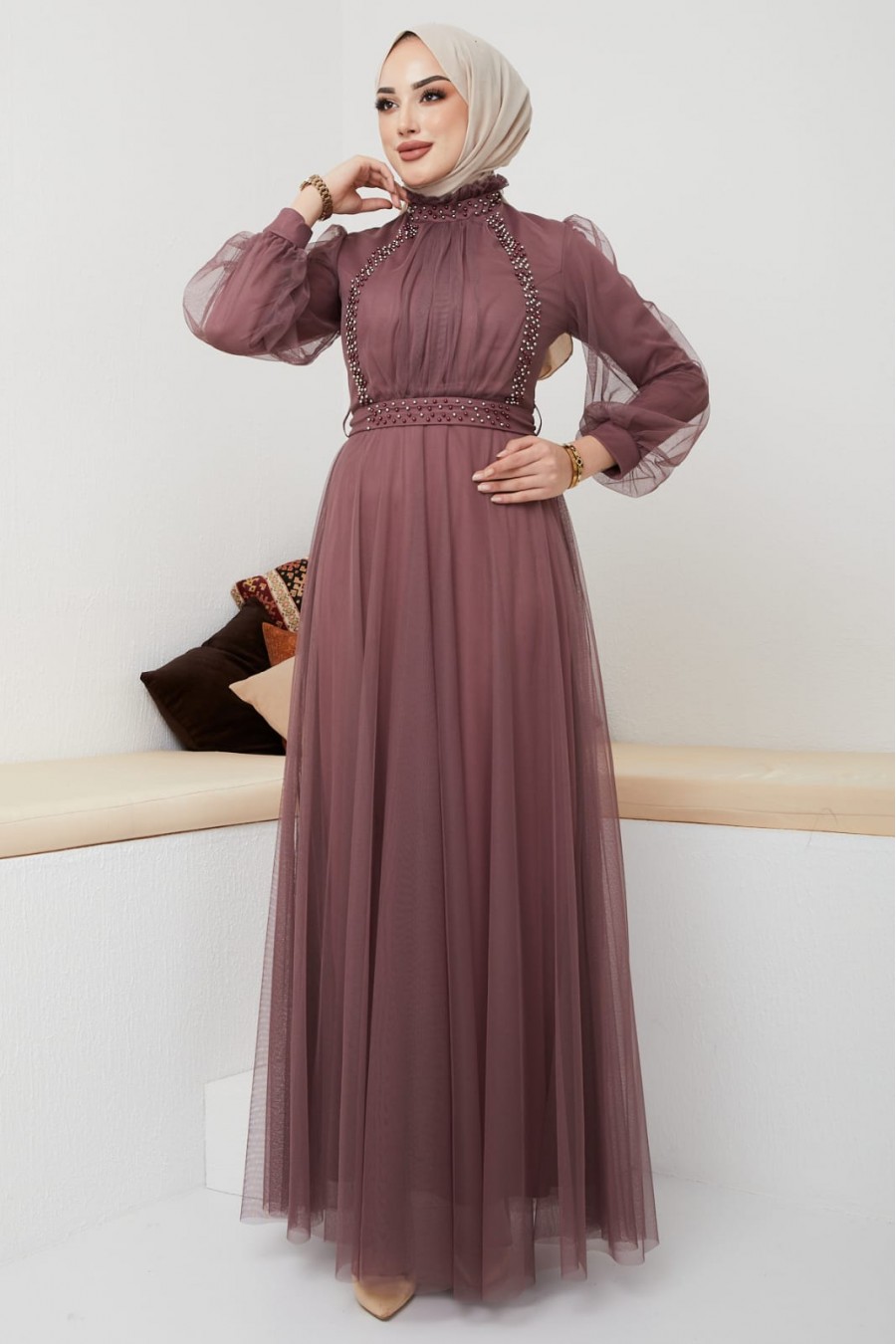 PEARLY DETAILED ROSE COLOR EVENING DRESS   PEARLY DETAILED ROSE COLOR EVENING DRESS