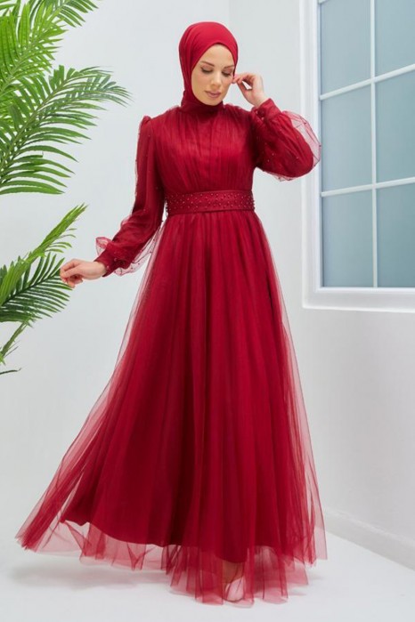 CLARED RED   - PEARLY DETAIL EVENING DRESS 