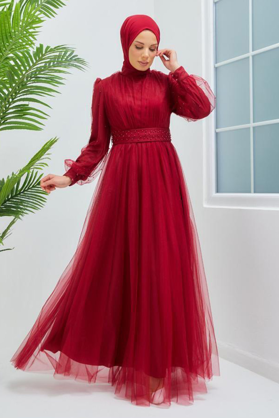 CLARED RED   - PEARLY DETAIL EVENING DRESS  CLARED RED   - PEARLY DETAIL EVENING DRESS
