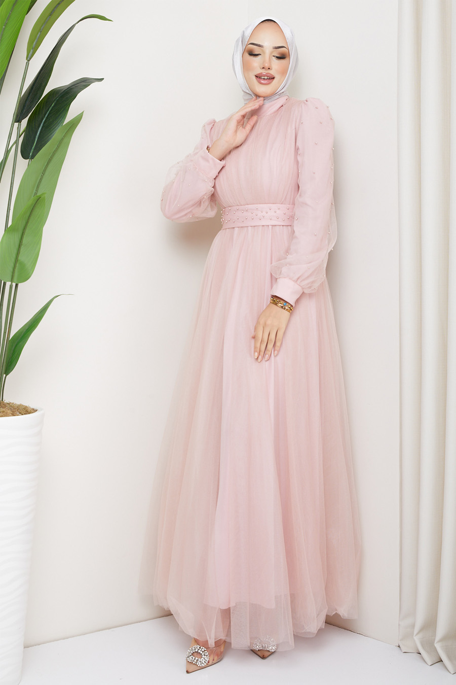 POWDER PINK    - PEARLY DETAIL EVENING DRESS 