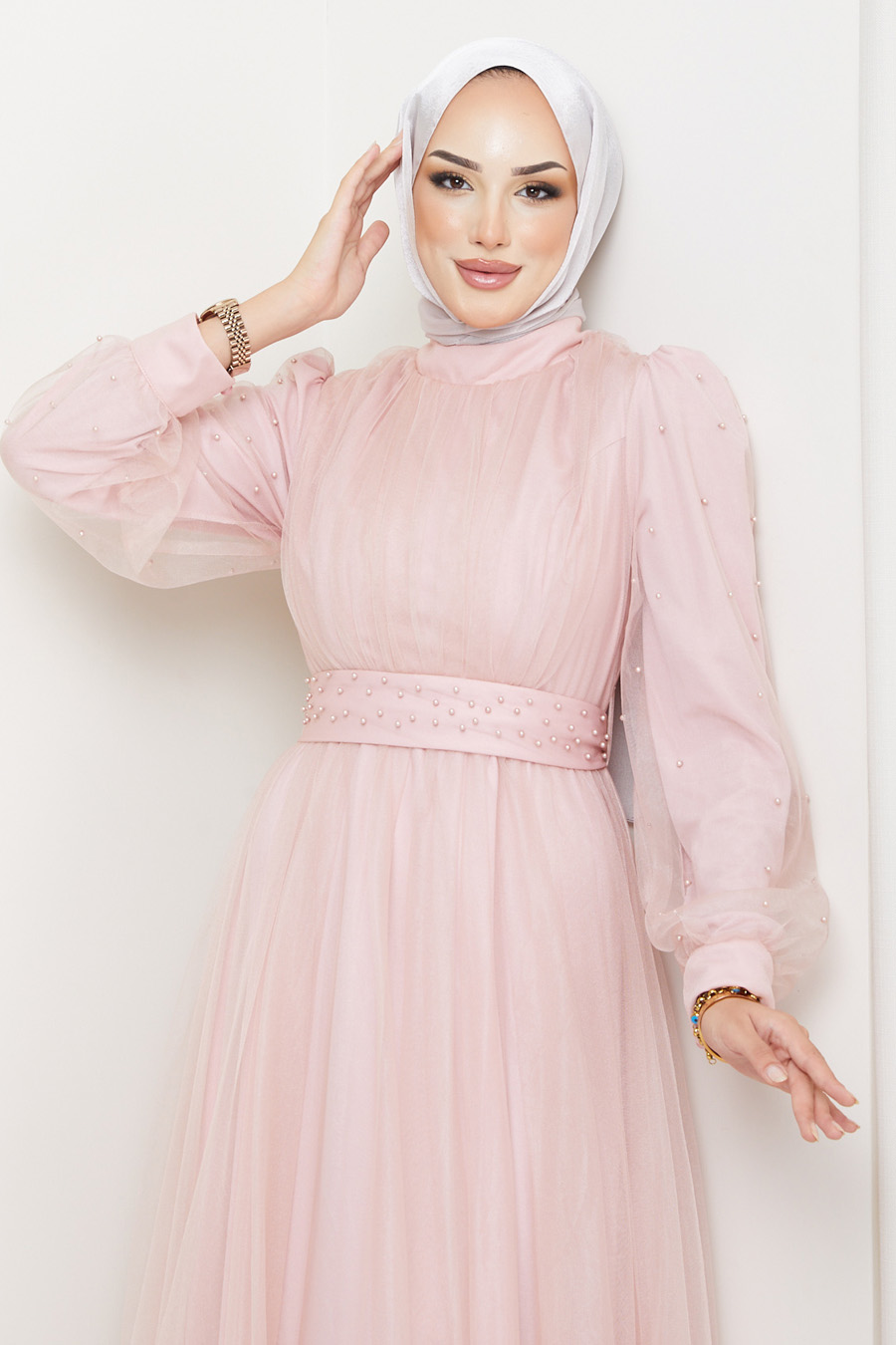 POWDER PINK    - PEARLY DETAIL EVENING DRESS 