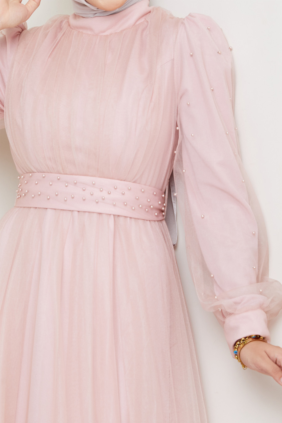 POWDER PINK    - PEARLY DETAIL EVENING DRESS 