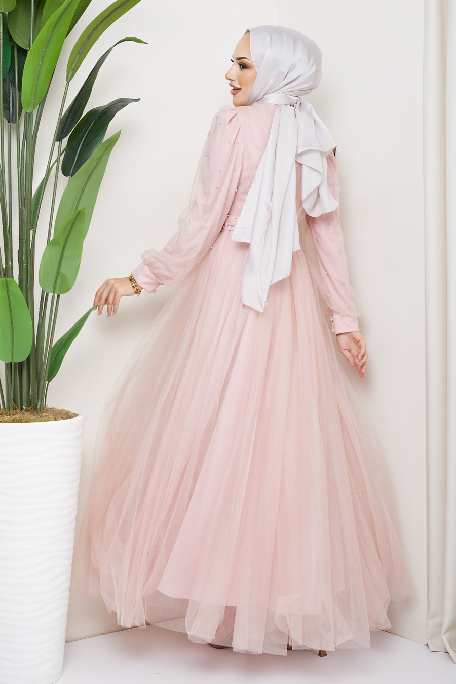 POWDER PINK    - PEARLY DETAIL EVENING DRESS 