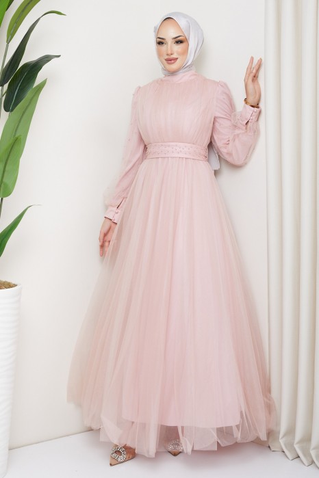 POWDER PINK    - PEARLY DETAIL EVENING DRESS 