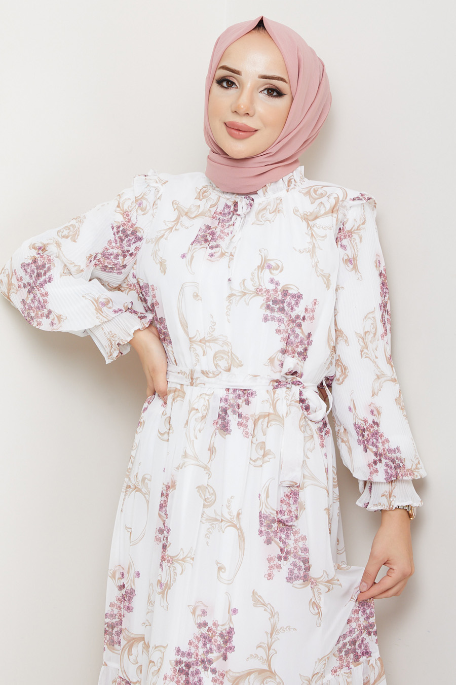 PINK PATTERNED ECRU  DRESS