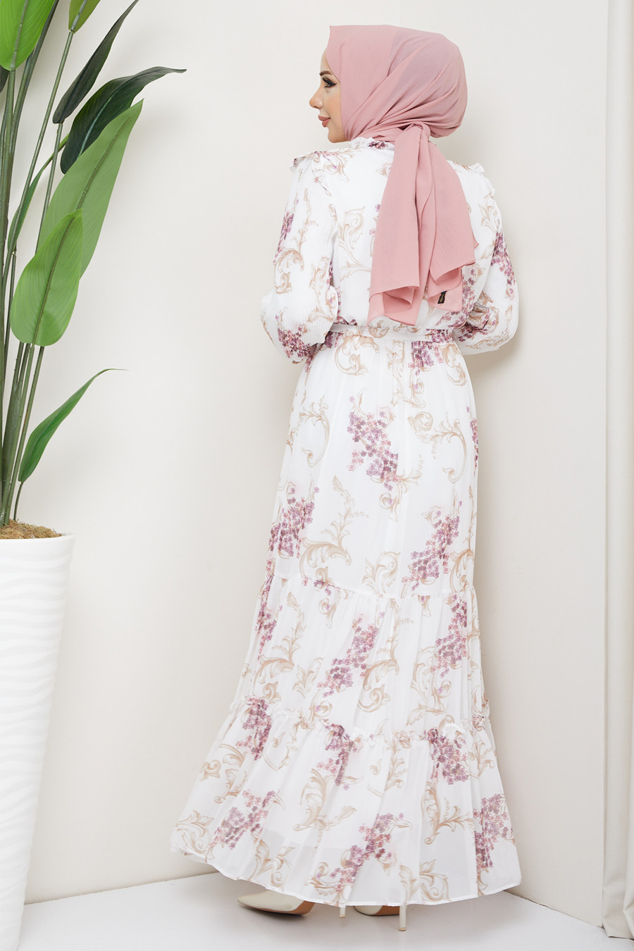 PINK PATTERNED ECRU  DRESS