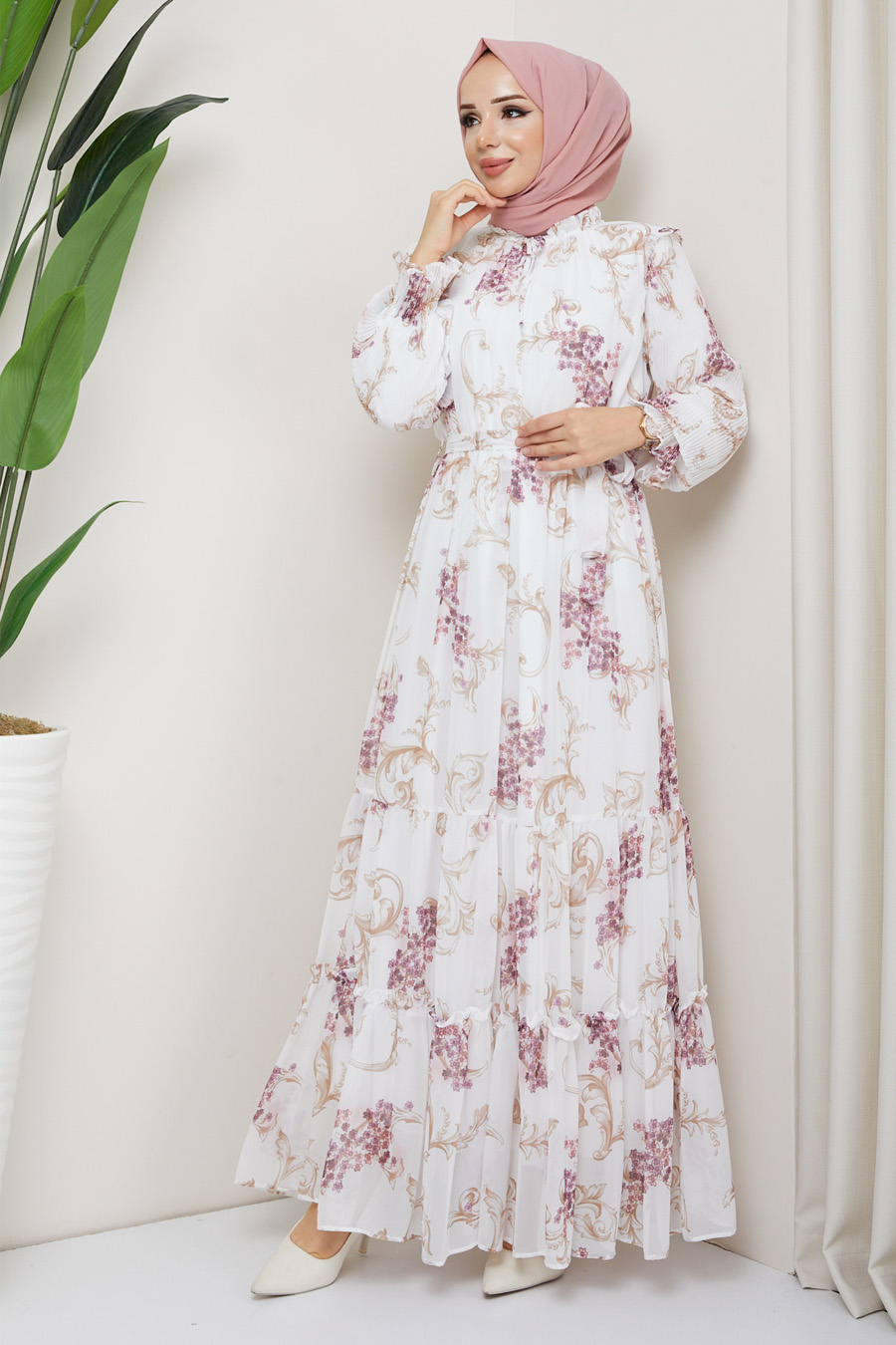 PINK PATTERNED ECRU  DRESS