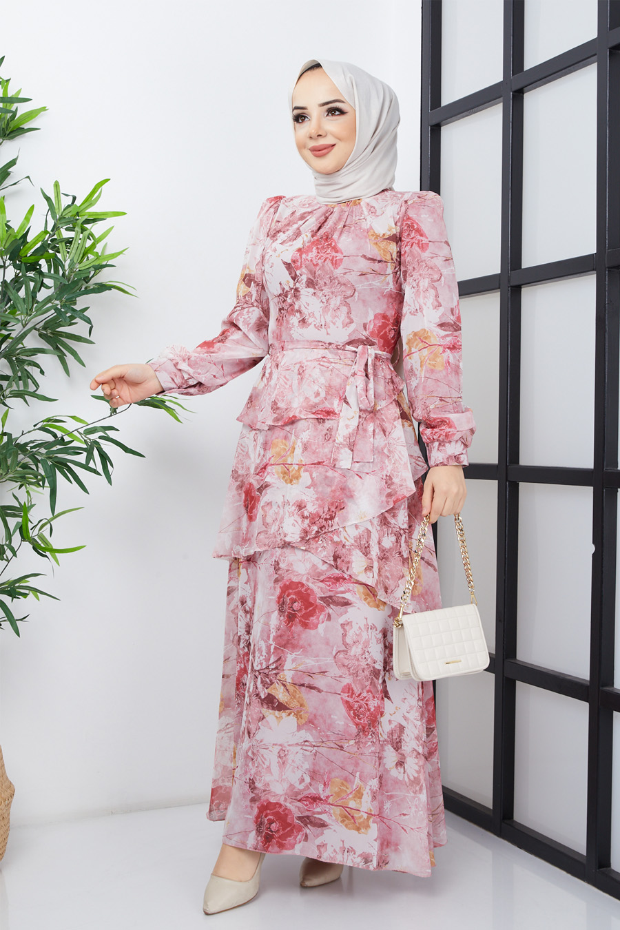 FLOWER PATTERNED POWDER PINK DRESS