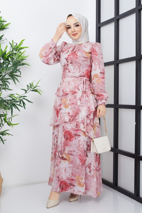 FLOWER PATTERNED POWDER PINK DRESS