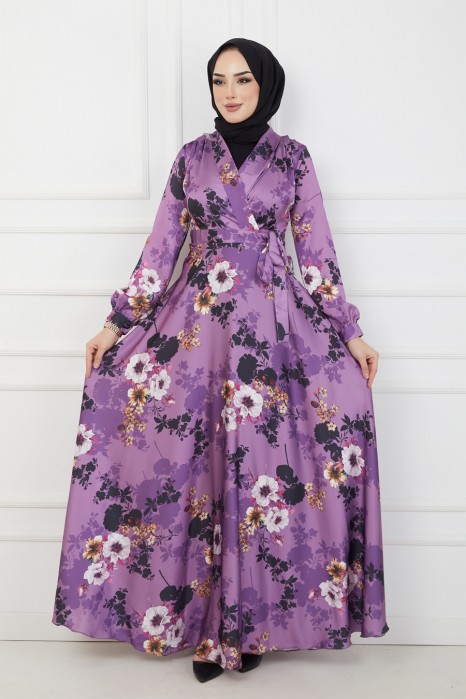 FLOWER PATTERNED PURPLE DRESS