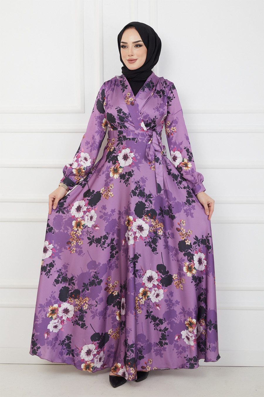 FLOWER PATTERNED PURPLE DRESS
