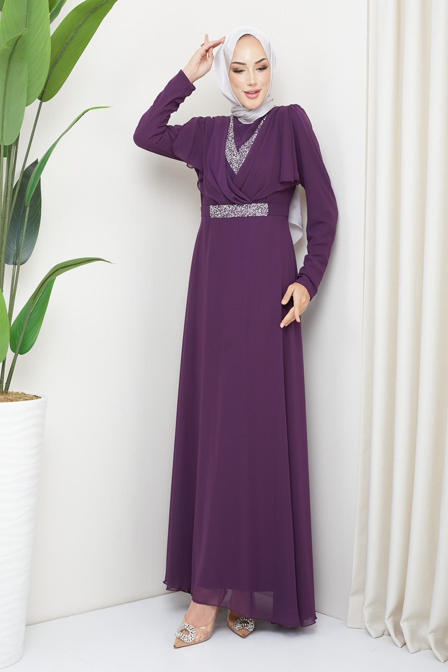 PURPLE STONED  EVENING DRESS  