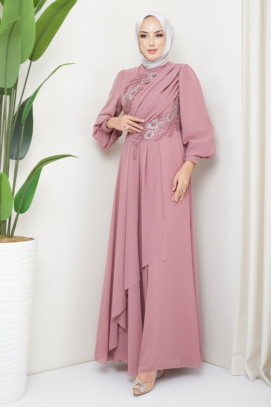 ROSE COLOR  EVENING DRESS  