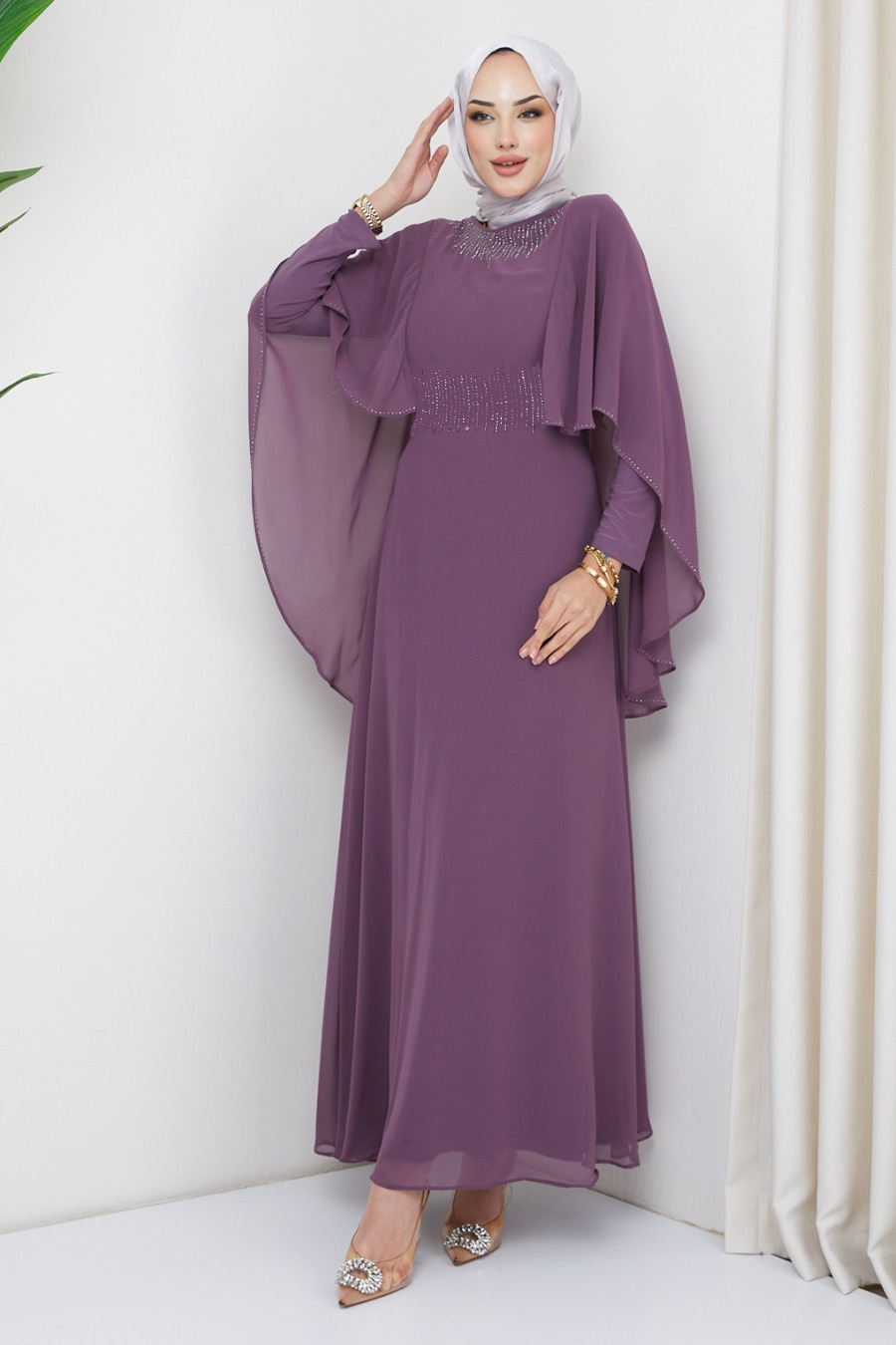 STONE DETAILED EVENING DRESS LILA 