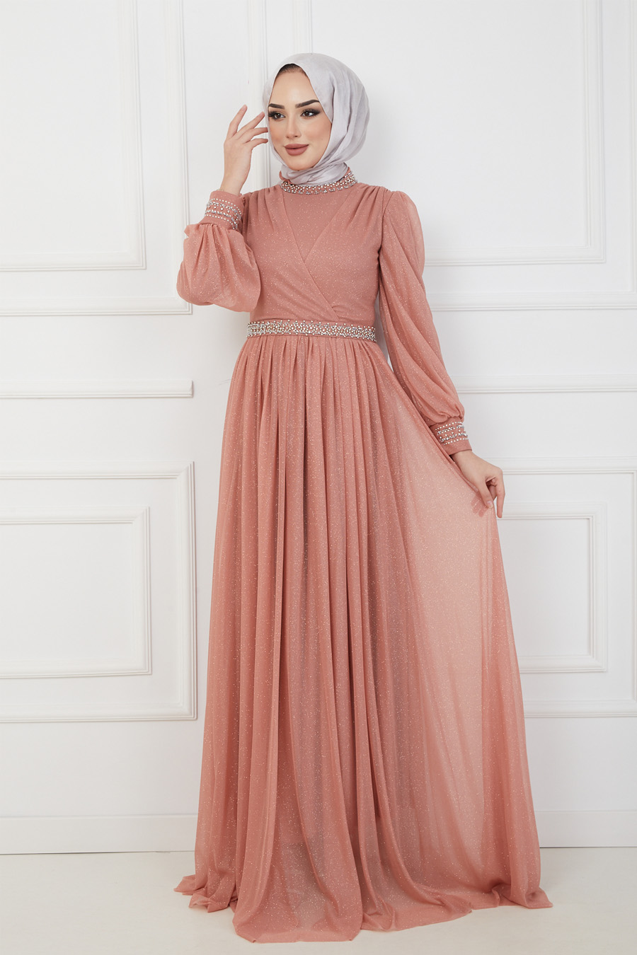 SALMON COLOR EVENING DRESS  