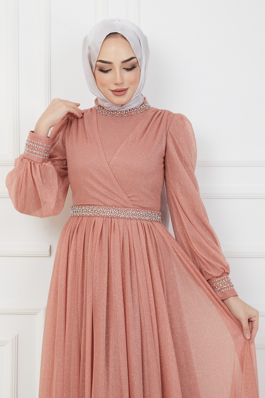 SALMON COLOR EVENING DRESS  