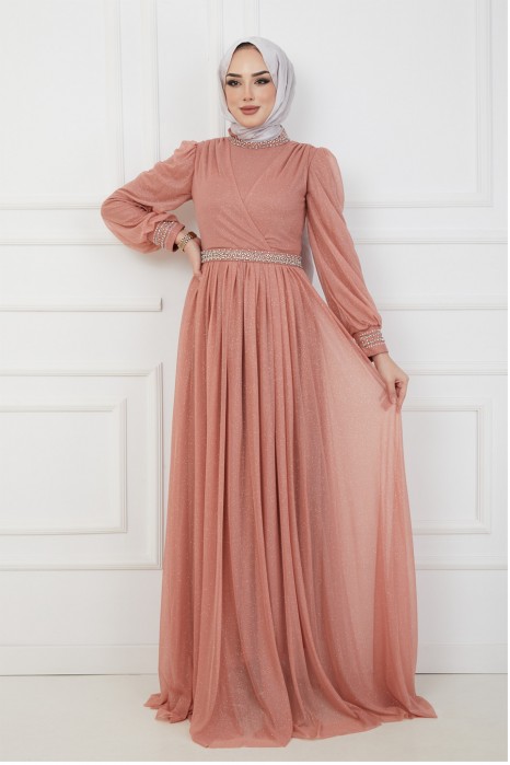 SALMON COLOR EVENING DRESS  