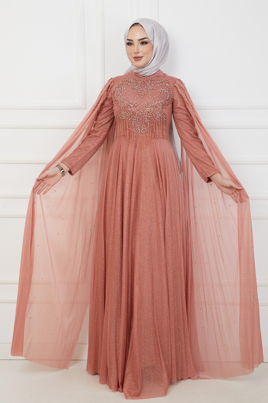 SALMON COLOR EVENING DRESS  