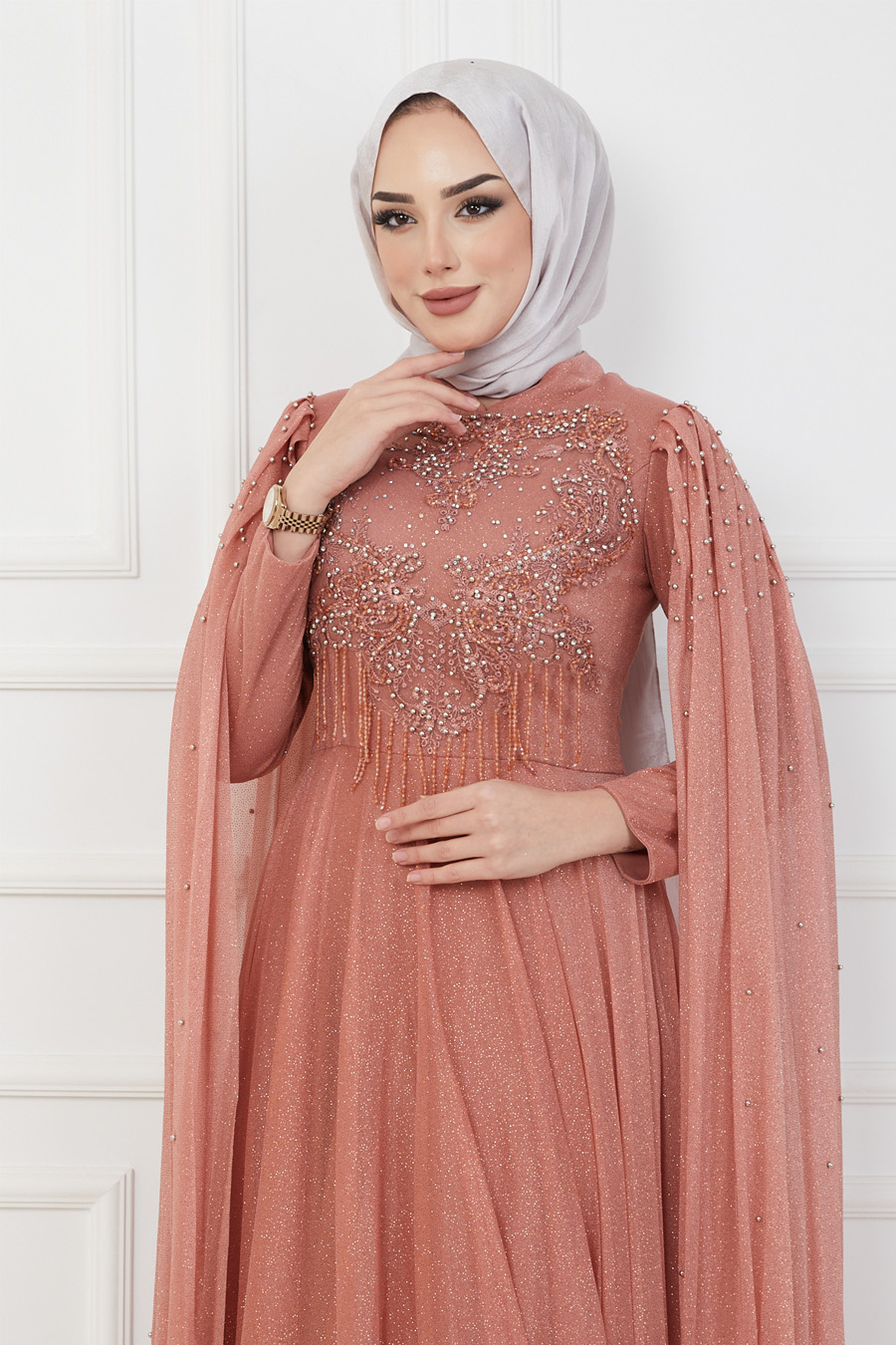 SALMON COLOR EVENING DRESS  