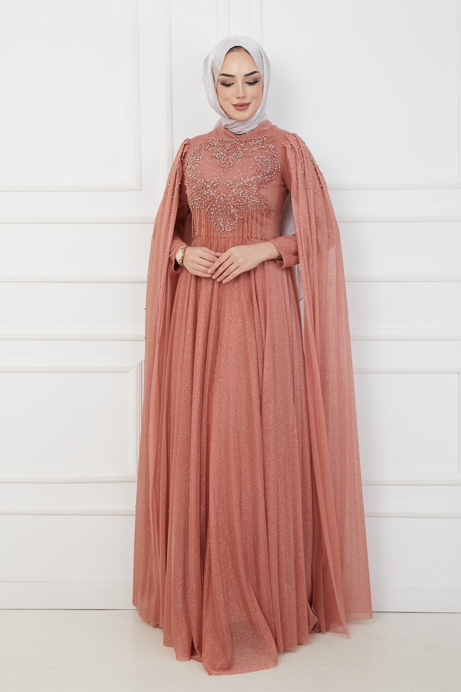SALMON COLOR EVENING DRESS  
