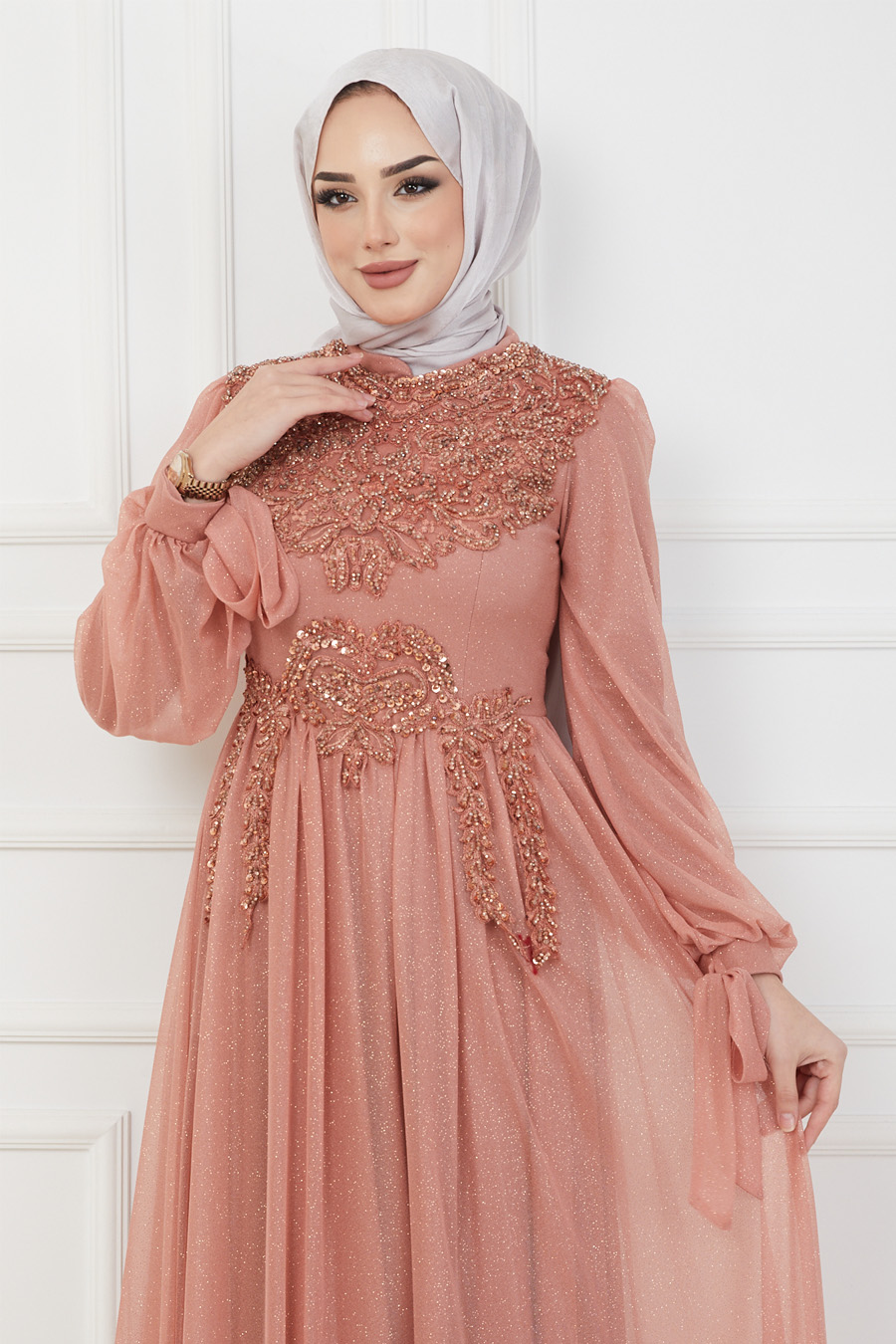 SALMON COLOR EVENING DRESS  