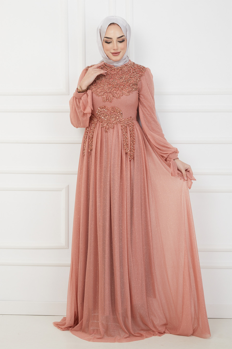 SALMON COLOR EVENING DRESS  