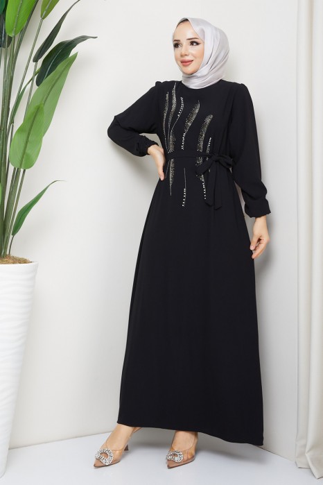 STONE DETAILED DRESS -  BLACK 