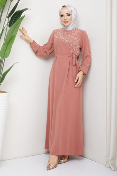 STONE DETAILED DRESS -  BRICK COLOR 