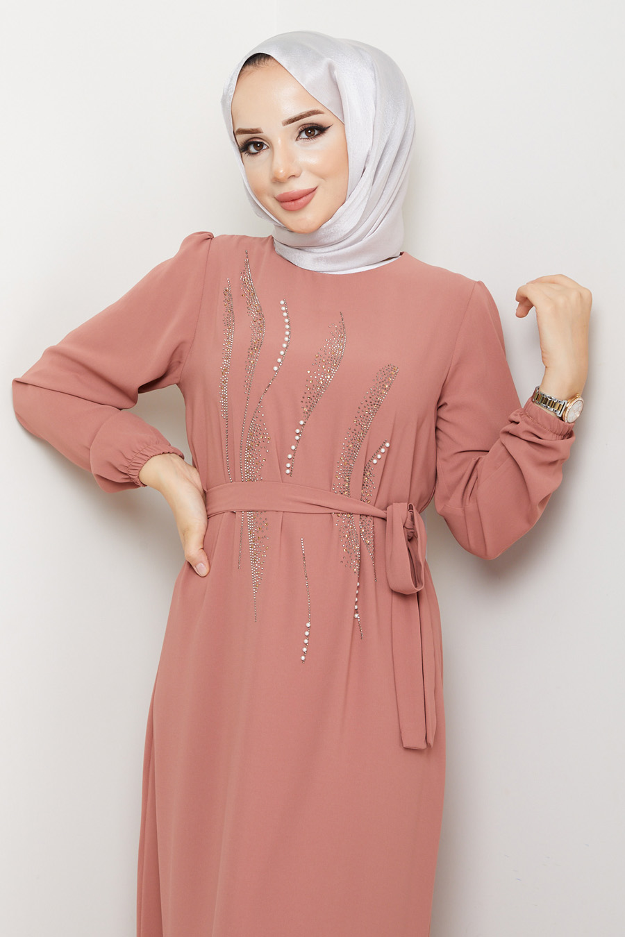 STONE DETAILED DRESS -  BRICK COLOR 