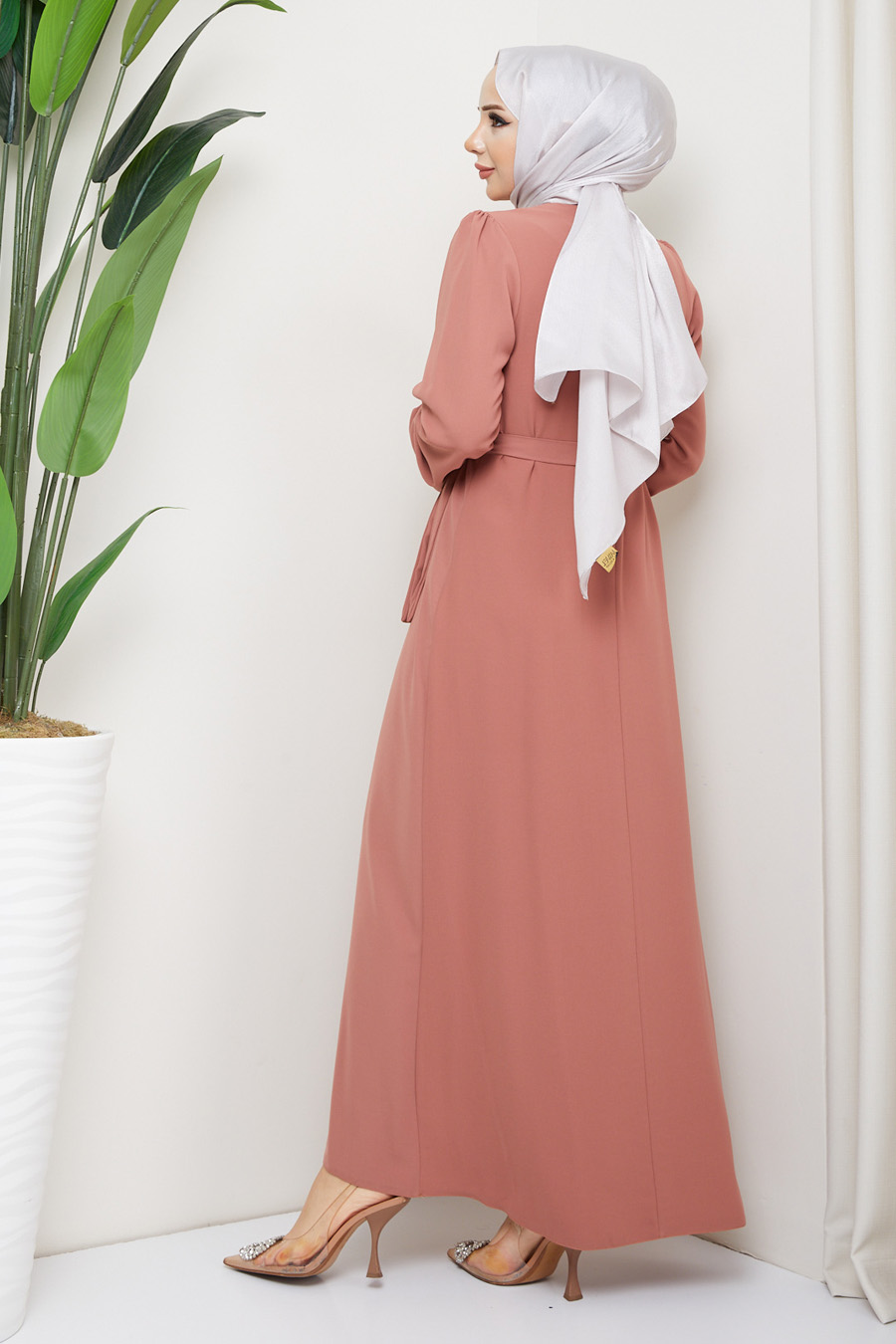 STONE DETAILED DRESS -  BRICK COLOR 