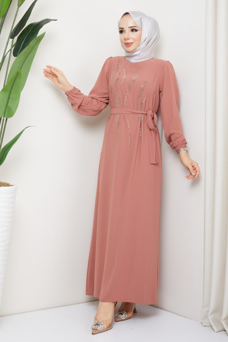 STONE DETAILED DRESS -  BRICK COLOR 