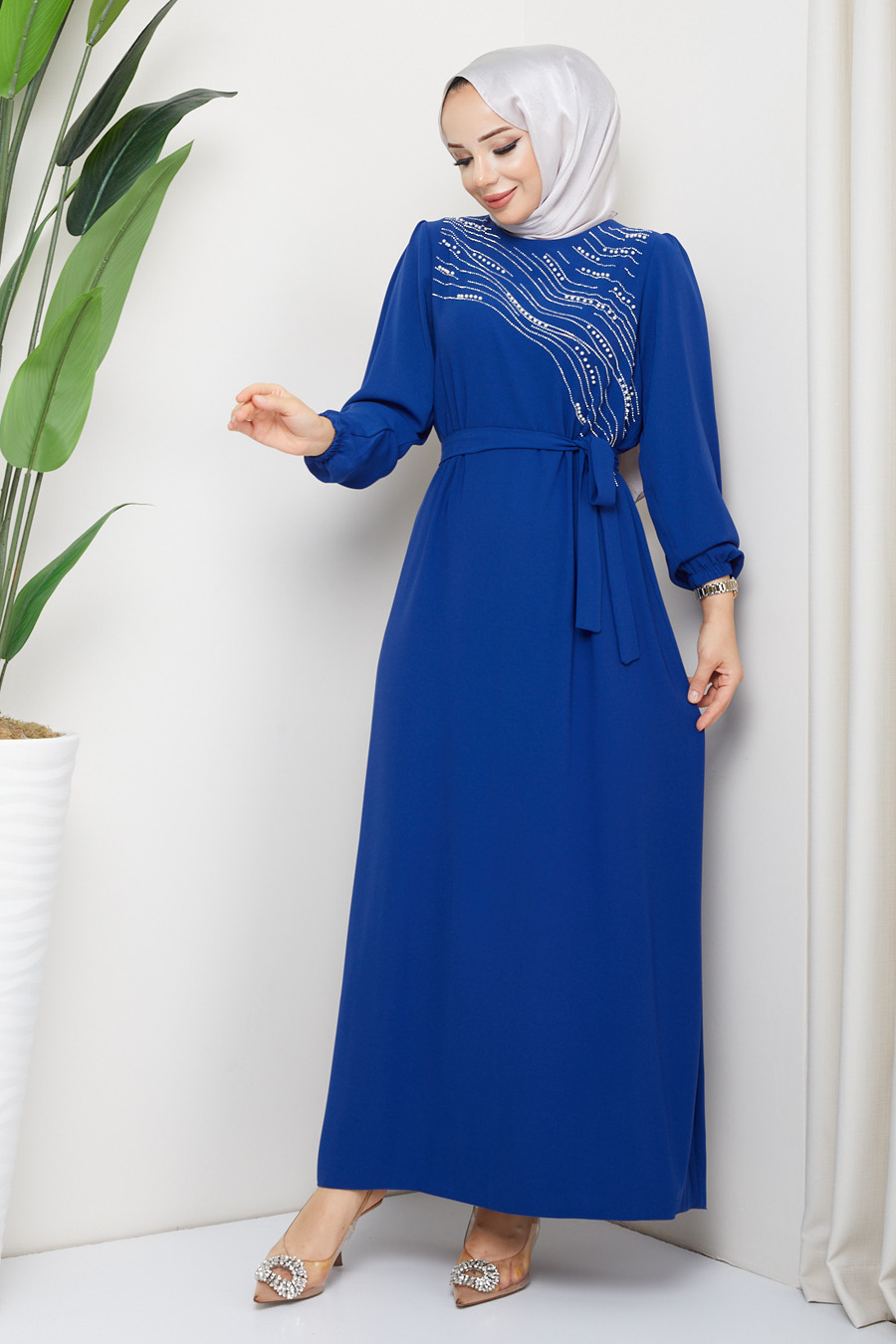 STONE DETAILED DRESS -  INDIGO COLOR 