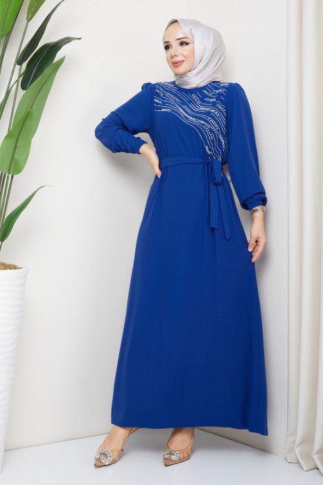 STONE DETAILED DRESS -  INDIGO COLOR 
