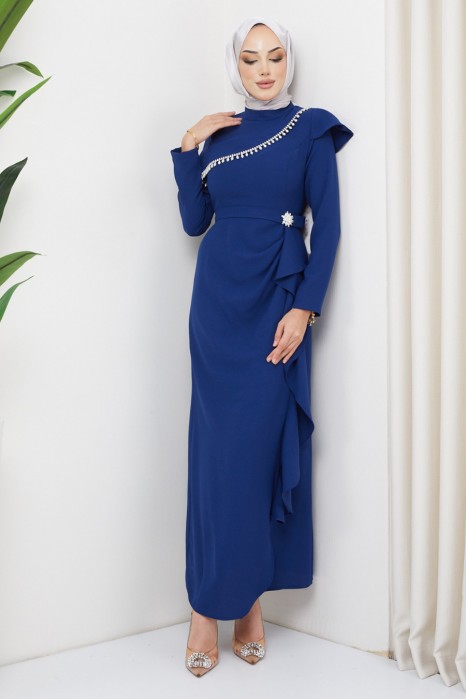 STONE DETAILED EVENING DRESS  SAX BLUE 