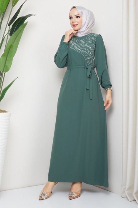 STONE DETAILED DRESS -  KHAKI