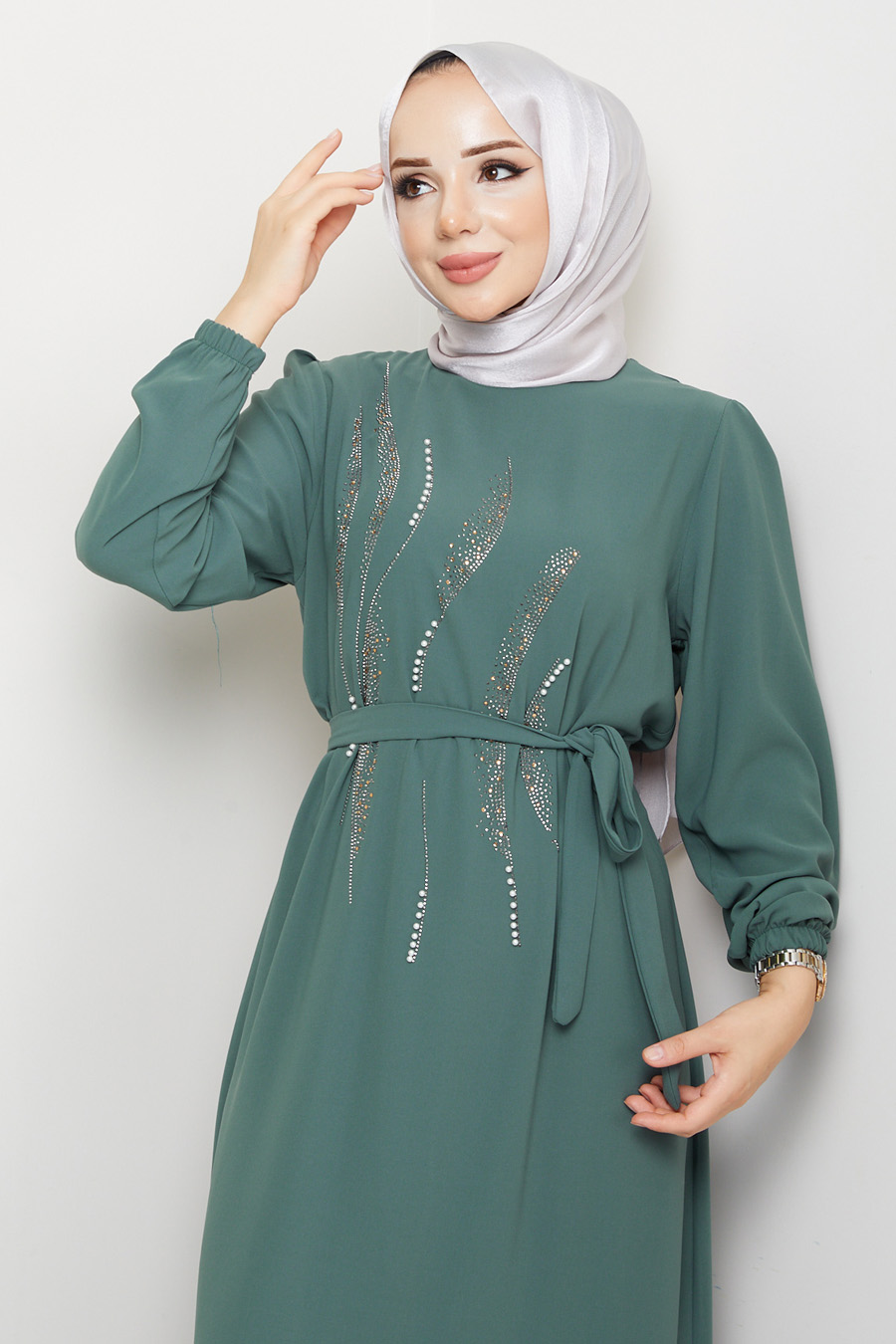 STONE DETAILED DRESS -  KHAKI 