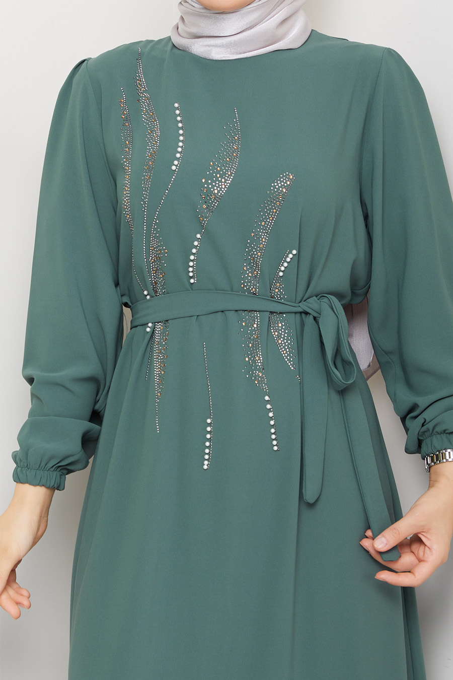 STONE DETAILED DRESS -  KHAKI 