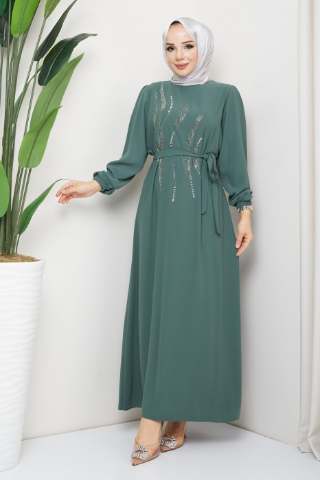 STONE DETAILED DRESS -  KHAKI 